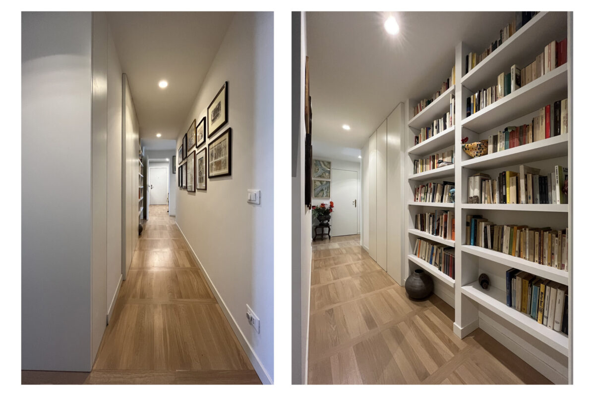 corridoio-con-libreria-parquet-moderno-elegante-quadri-e-armadi